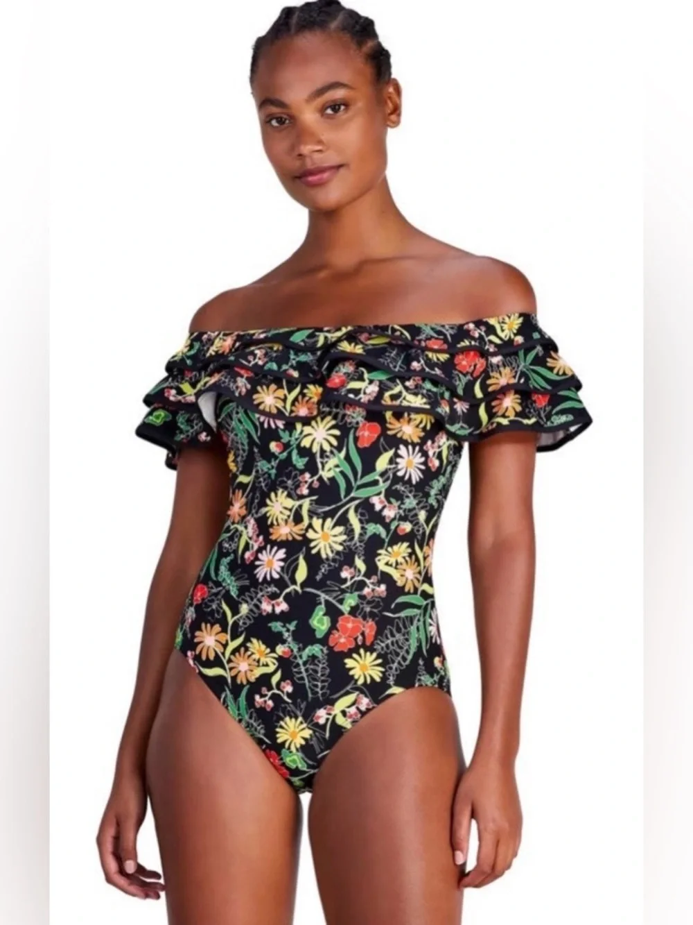 KATE SPADE Black Floral Off-Shoulder Ruffle‎ One-Piece Roof top Garden. XS.